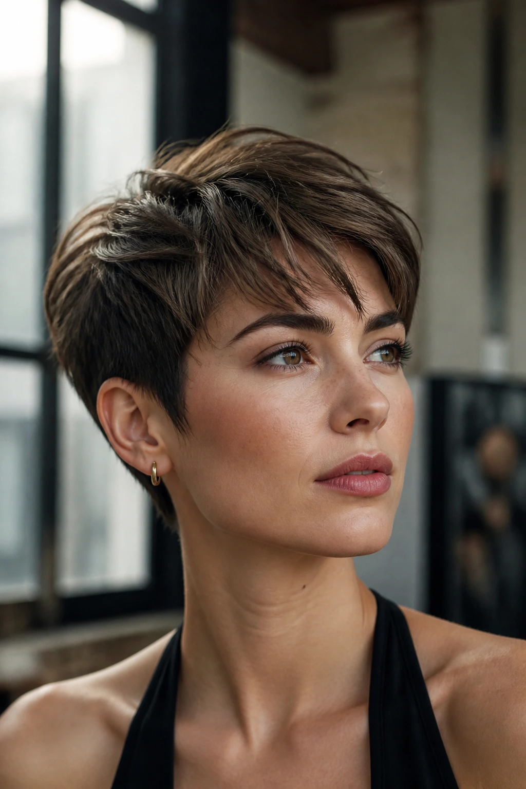 Close-up portrait of a real person with layered crop pixie showing lift and textured layers
