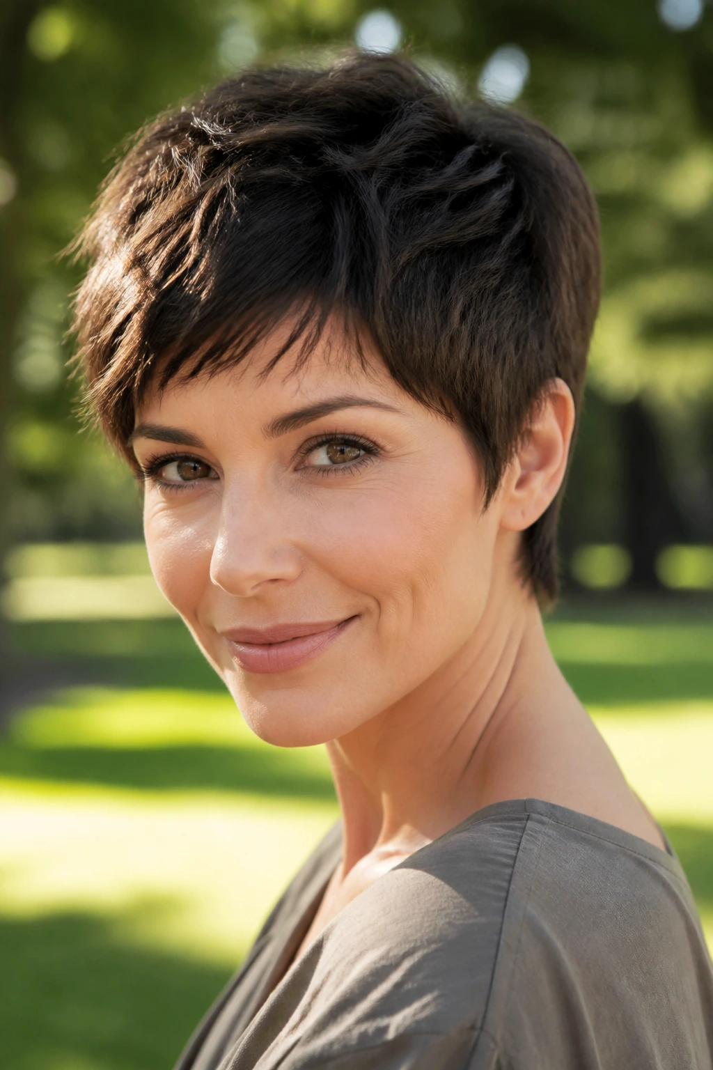 Real woman portrait with layered crop pixie showing layered top