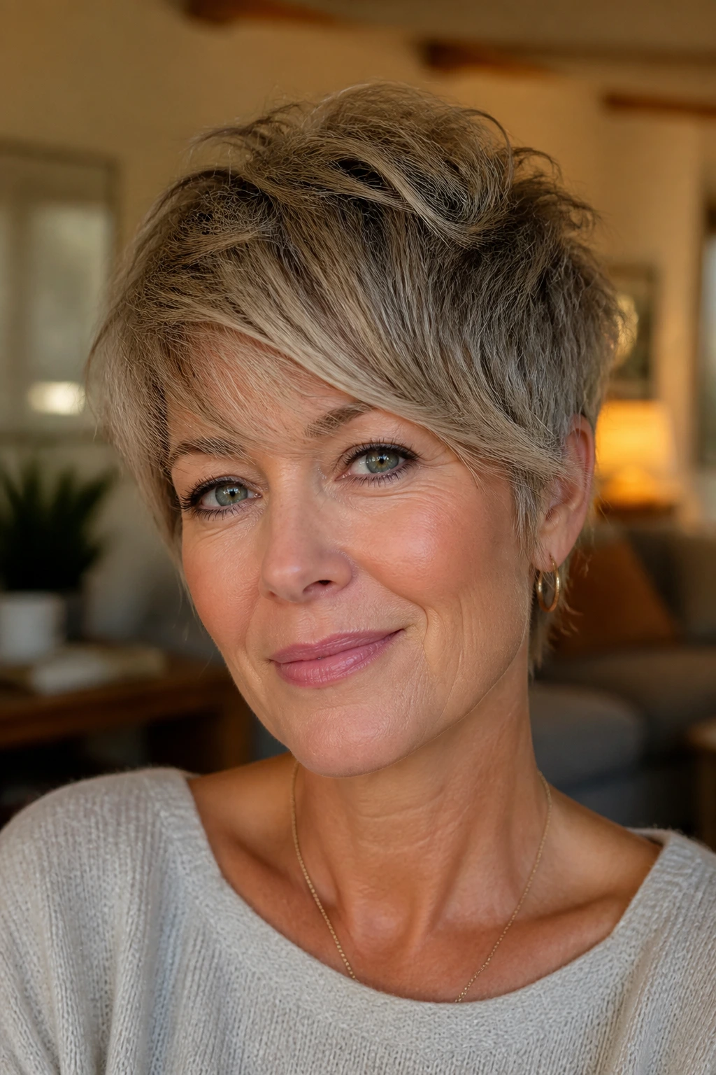 Real person with layered crop and side-swept fringe in warm indoor light