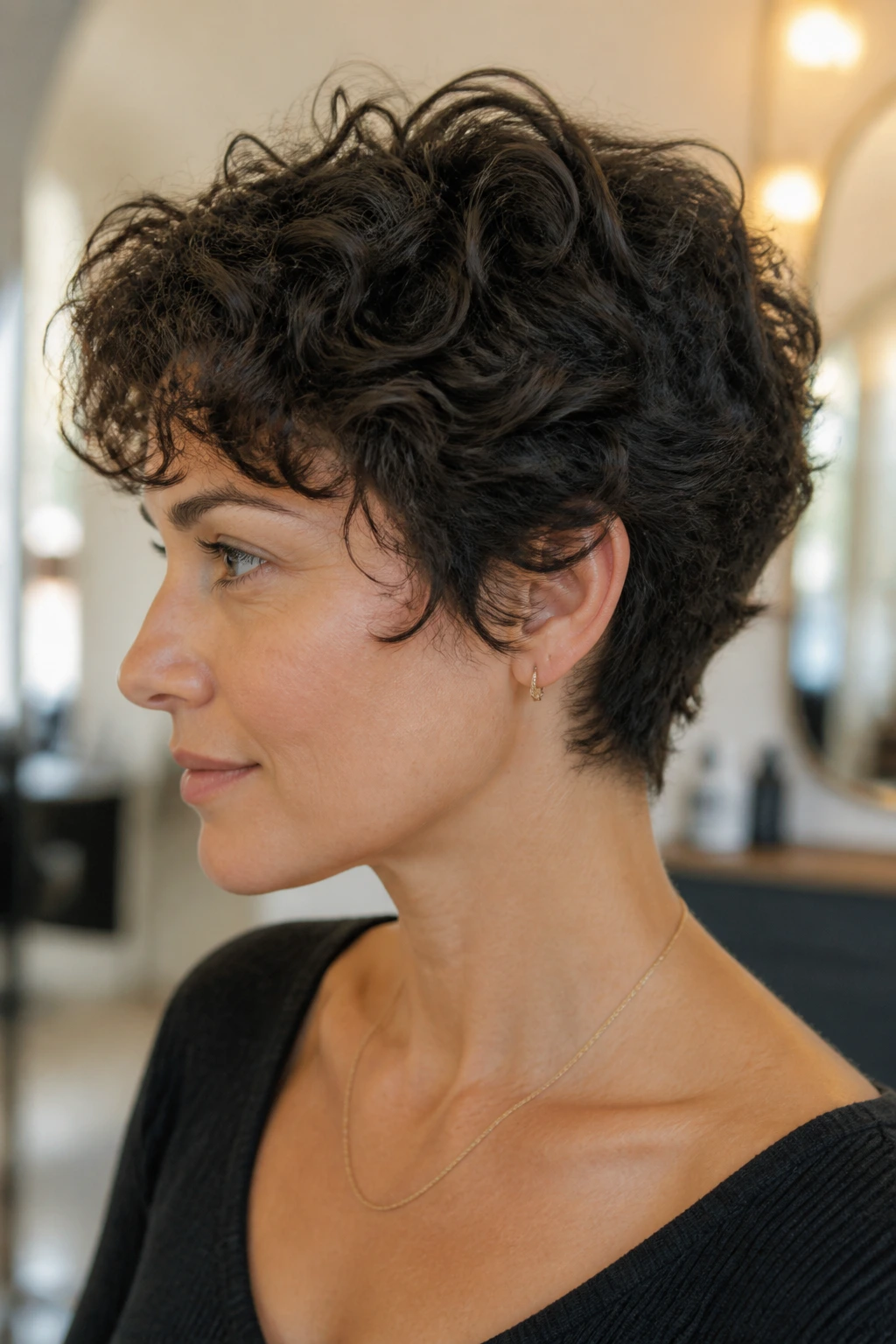 Close-up of a woman with layered curly crop and soft nape in a salon.