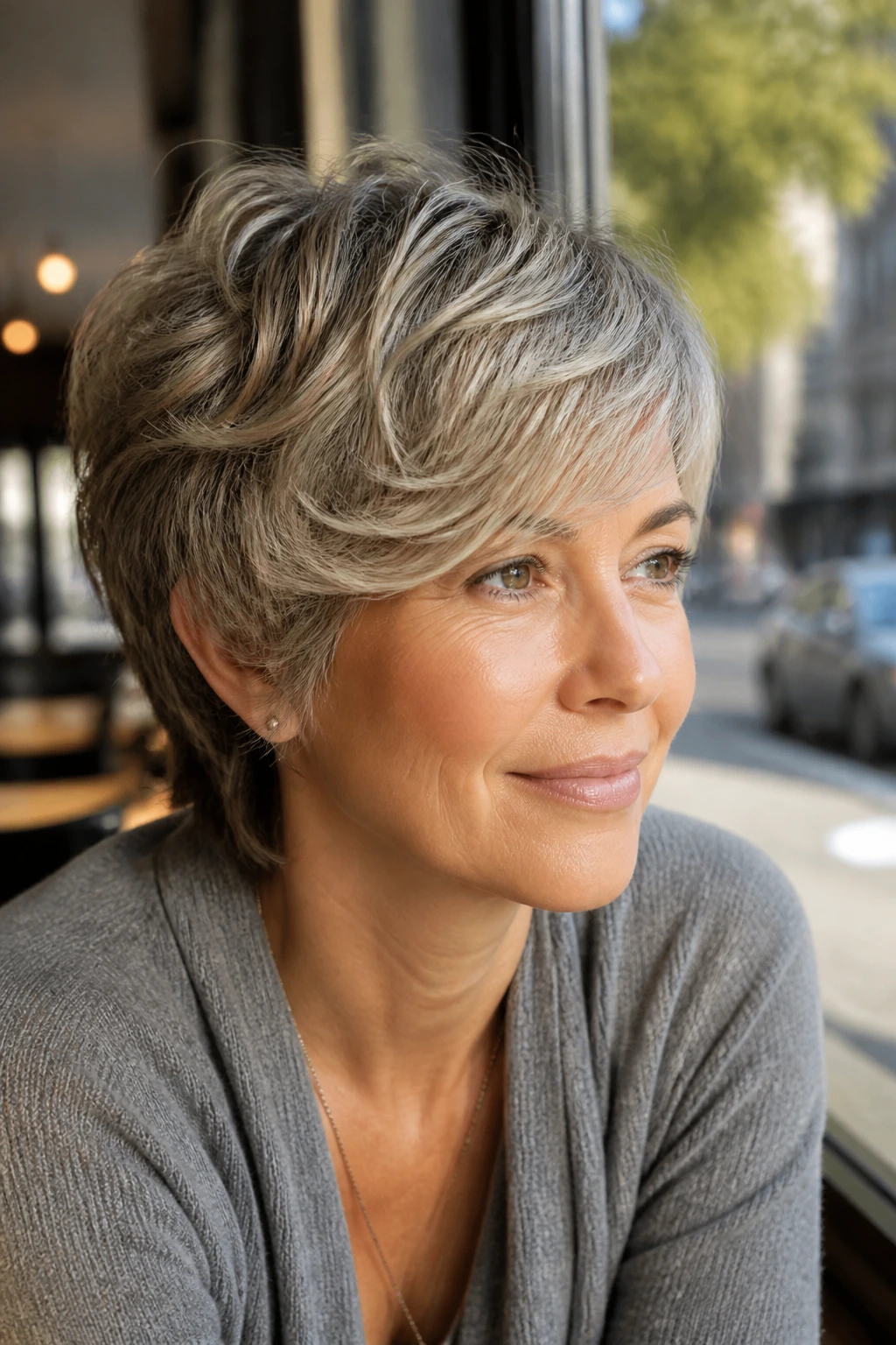 Portrait of a real woman with layered crop and swept fringe in sunlit cafe