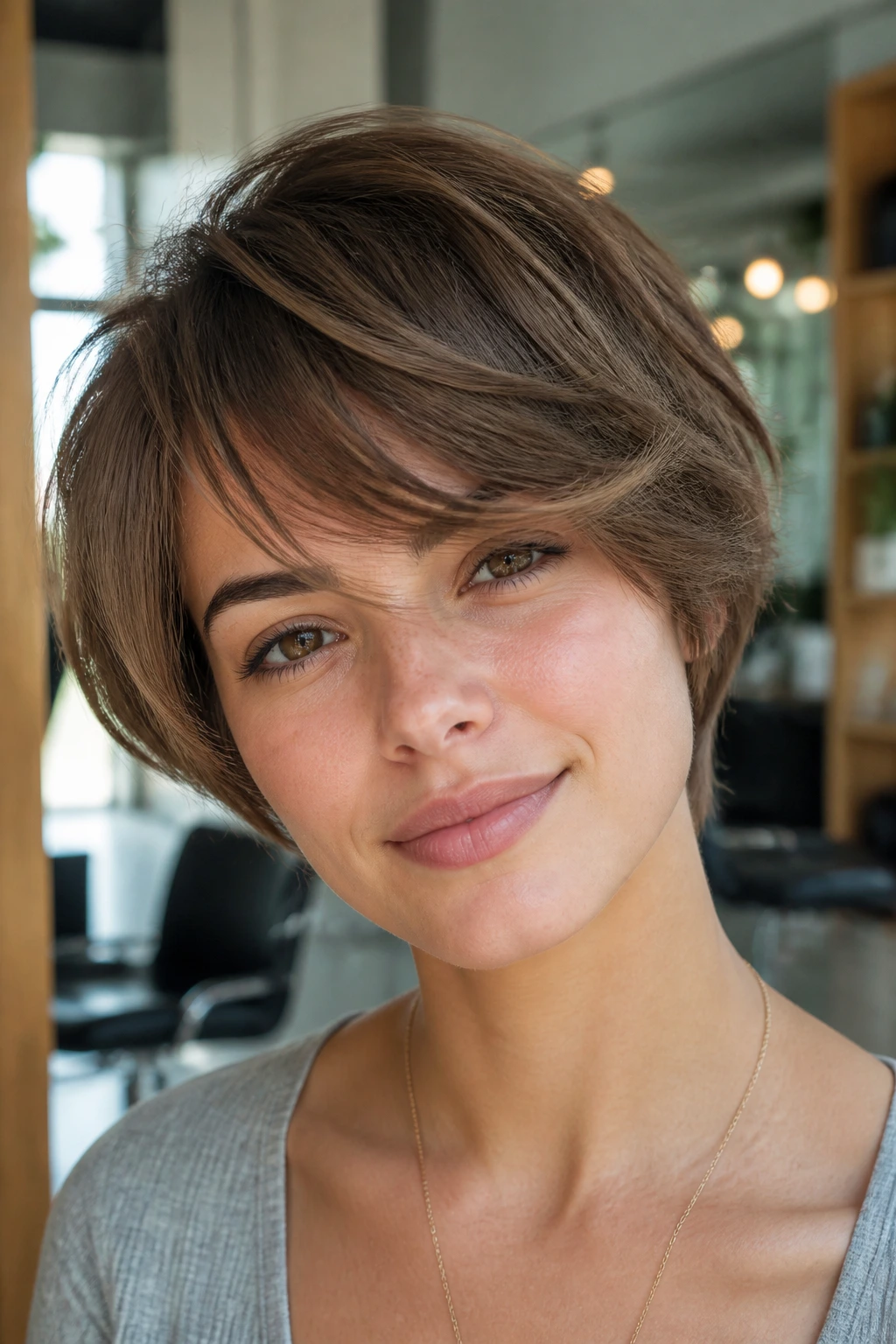Woman with bouncy layered crop and swoopy bangs