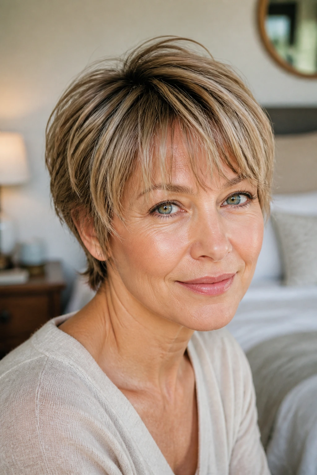 Real woman with layered crop and wispy bangs in natural light