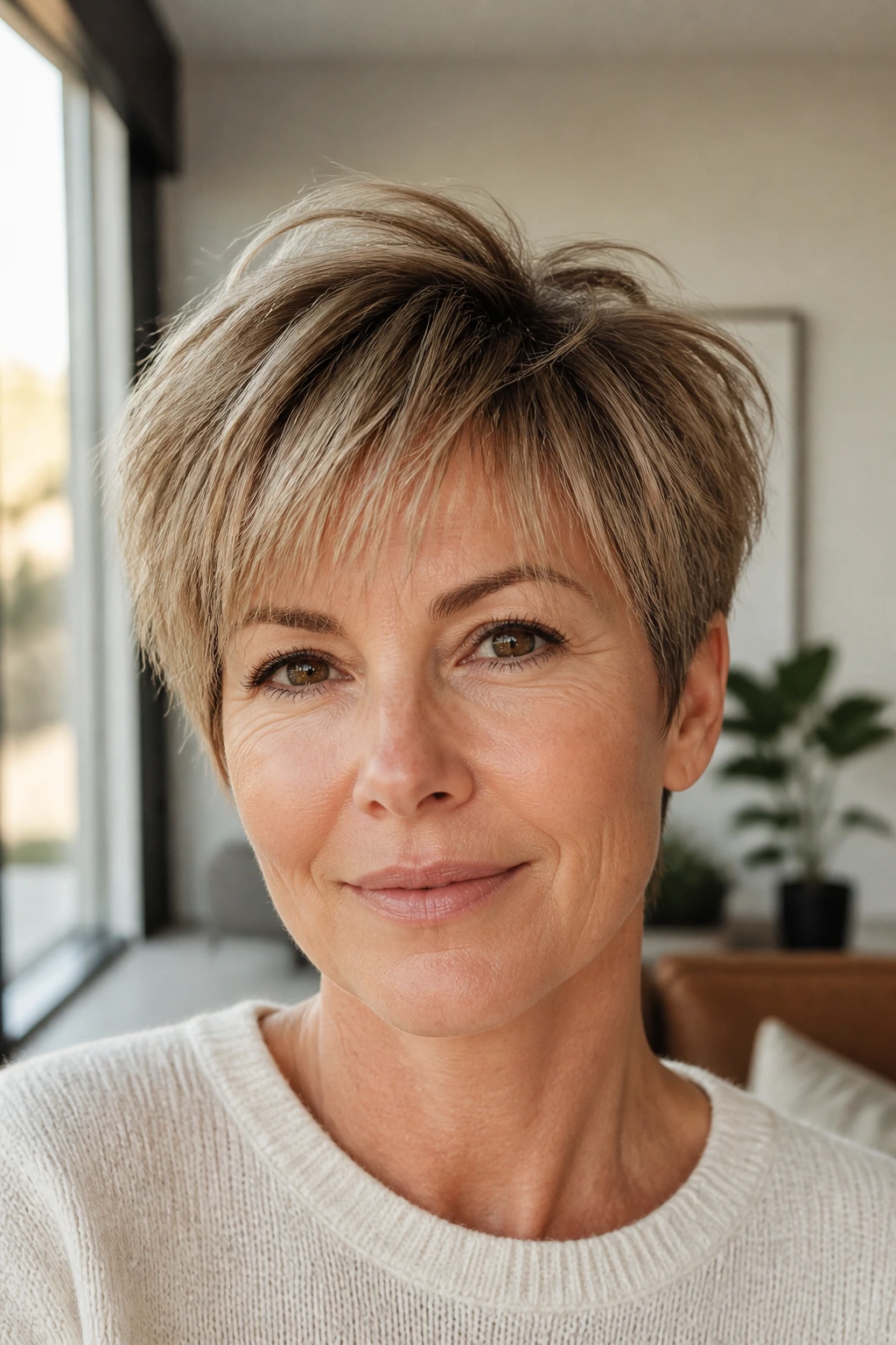 Close-up portrait of a real person with Layered Crop Wispy Fringe