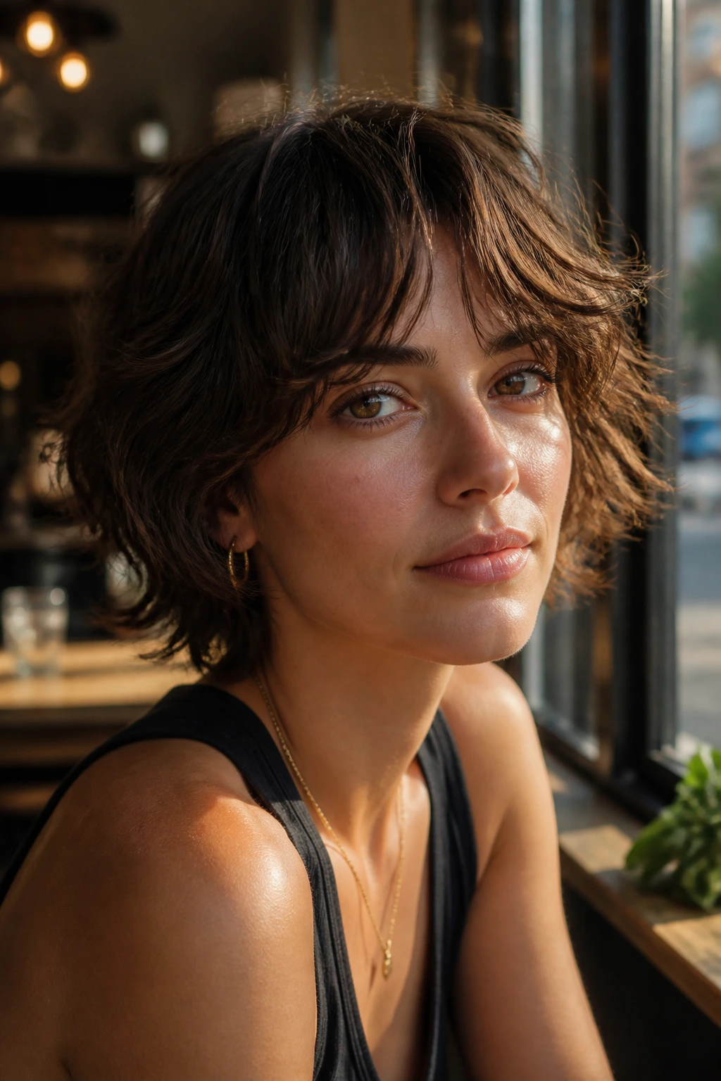 Close-up of a real person with layered cropped shag for wavy hair and curtain bangs.