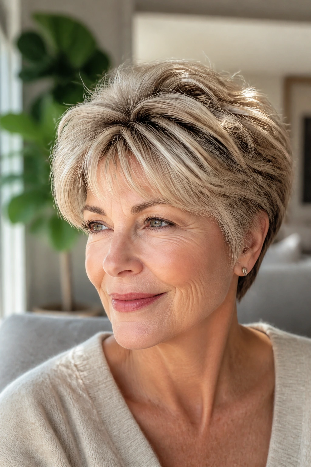 Portrait of a woman with a layered crown-lift crop hairstyle