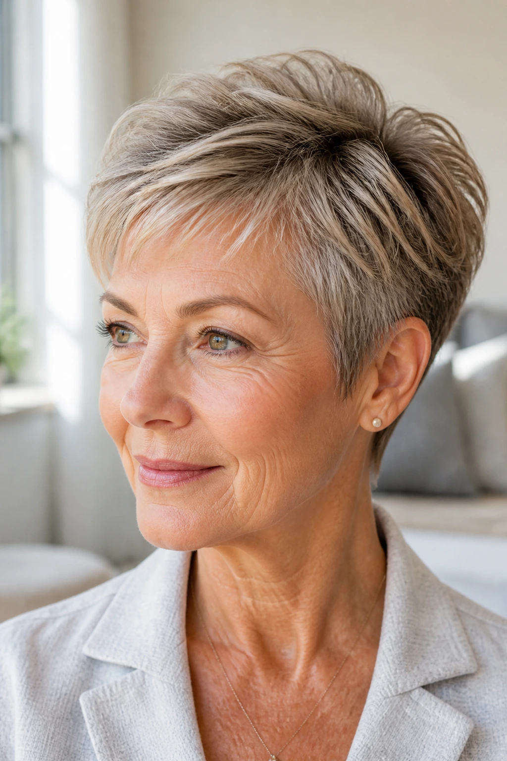 Close-up portrait of a real woman with layered crown-volume pixie and crown lift