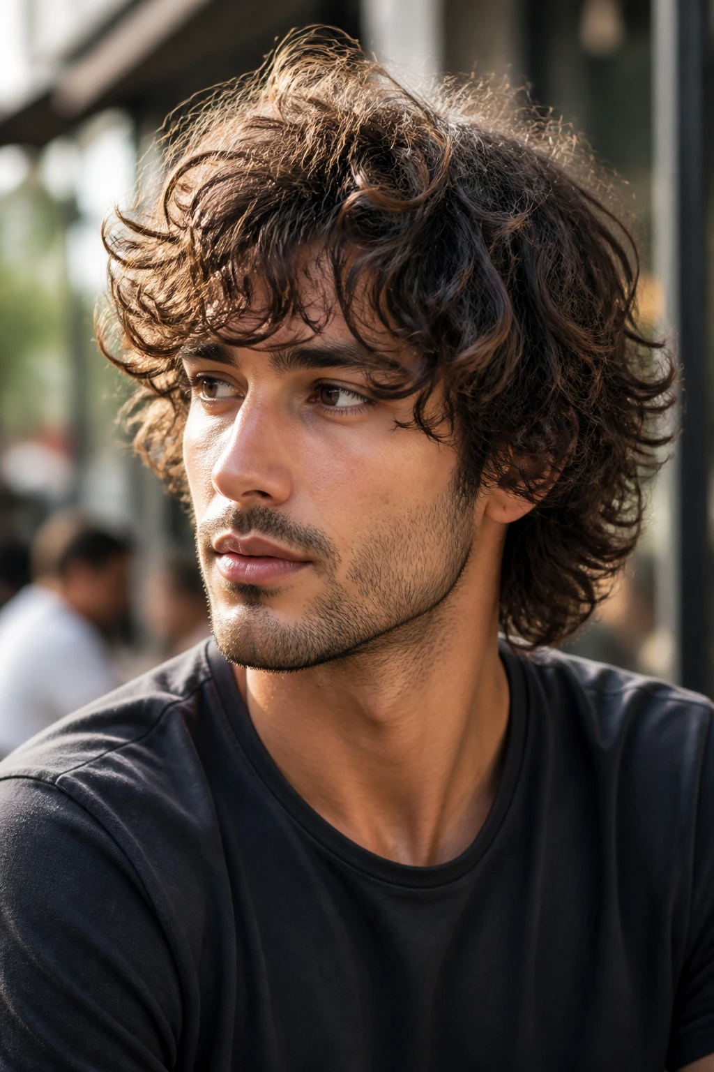 Close-up of a man with layered curl shag hairstyle