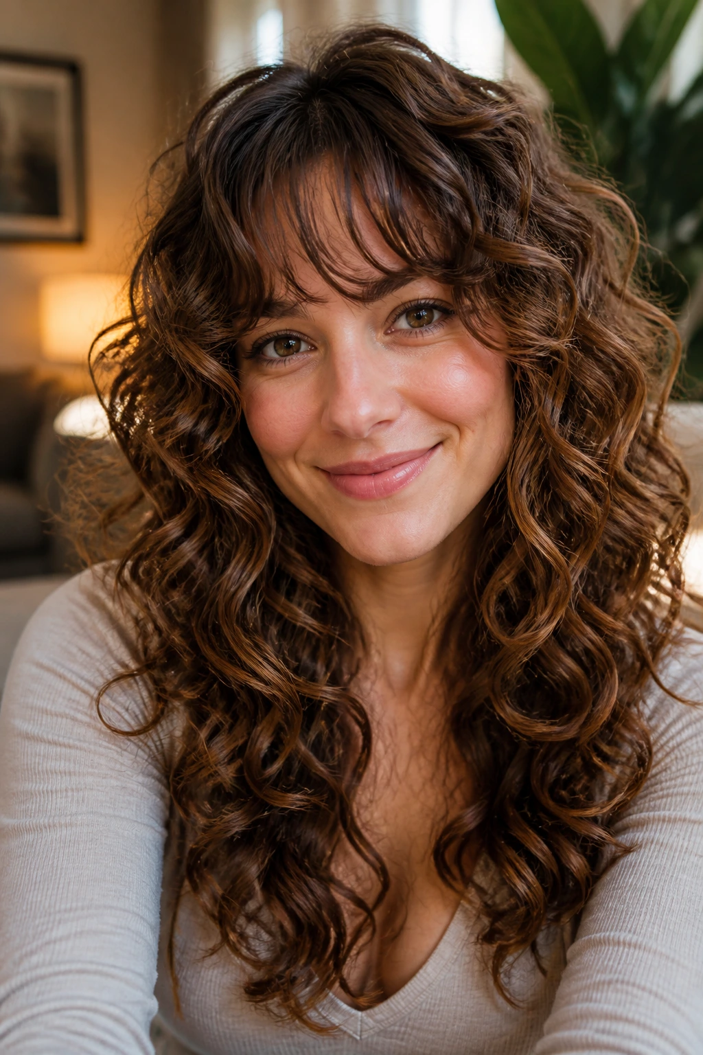 Close-up portrait of a layered curly hairstyle with bang blend