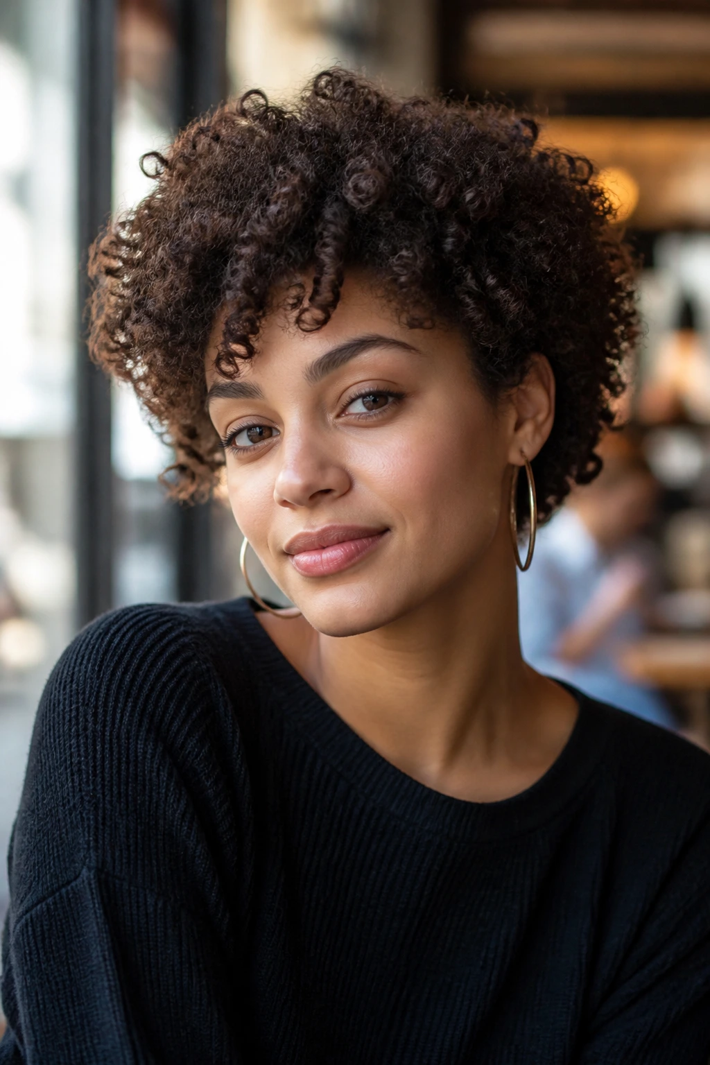 Close-up portrait of layered coil crop hairstyle on a real person.