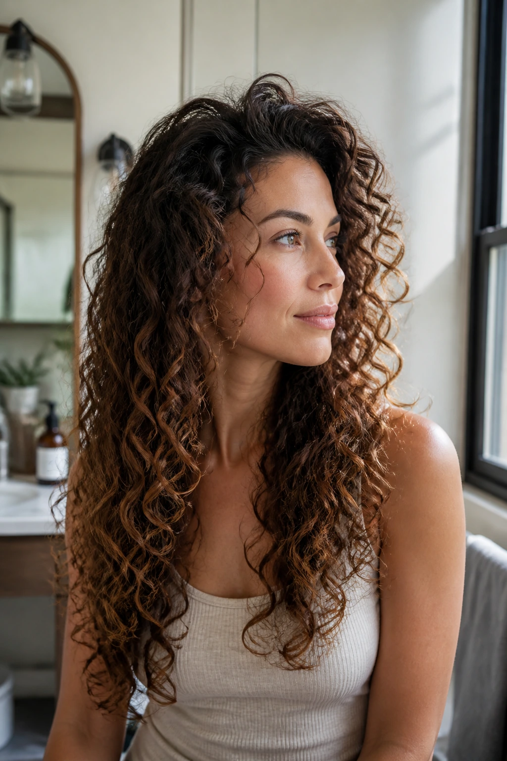Portrait of a real woman with long layered curls showing lifted crown and natural fall