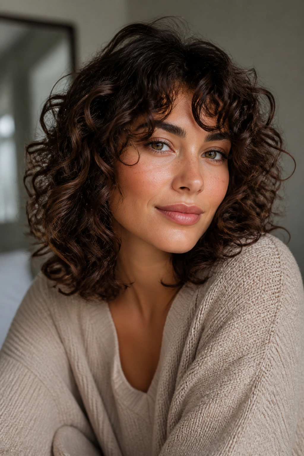 Portrait of a woman with shoulder-length layered curly hair