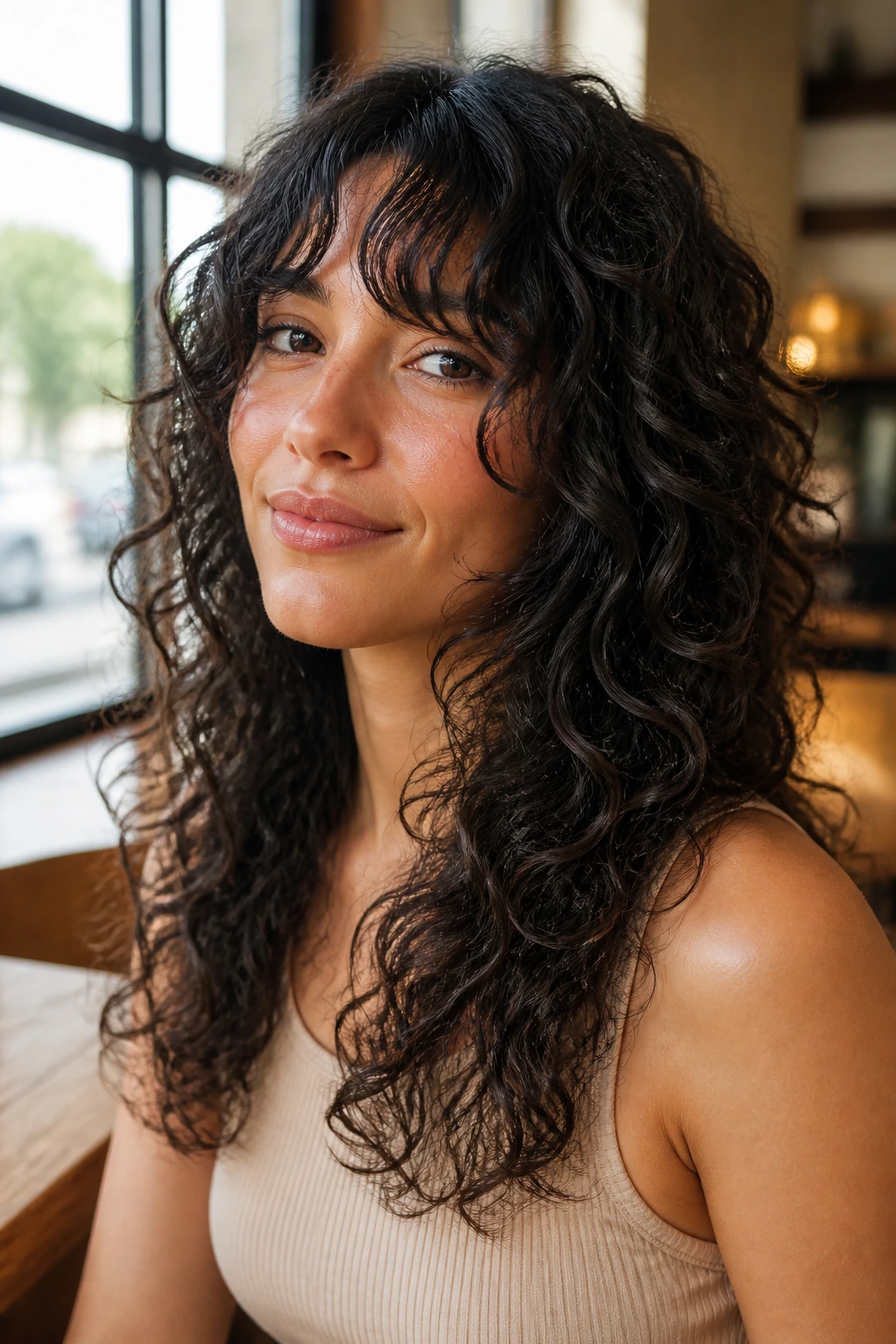 Portrait of a real woman with layered curls and long face-framing bangs in sunlit cafe