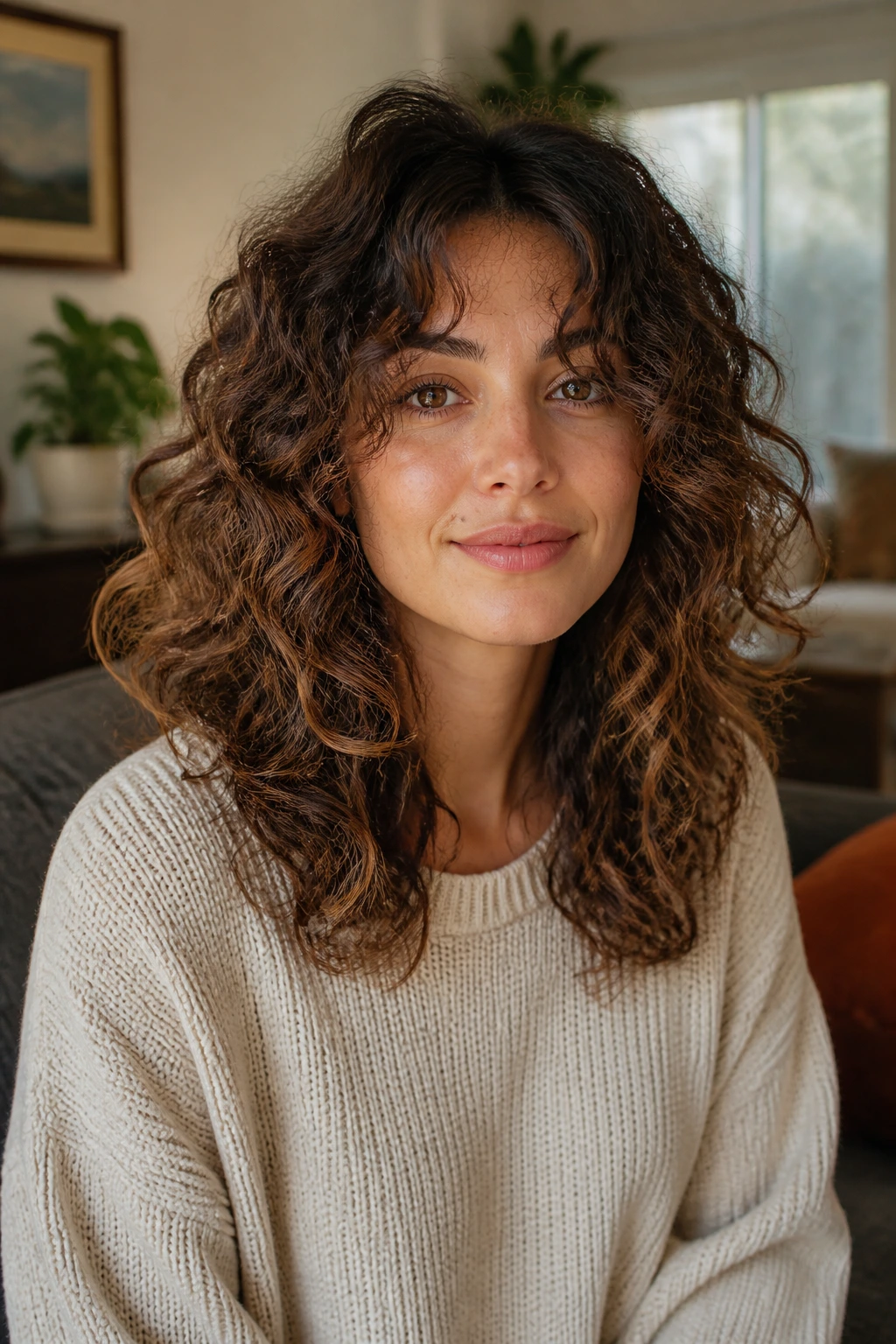 Portrait of a real woman with shoulder-length layered curly hair over her shoulders.