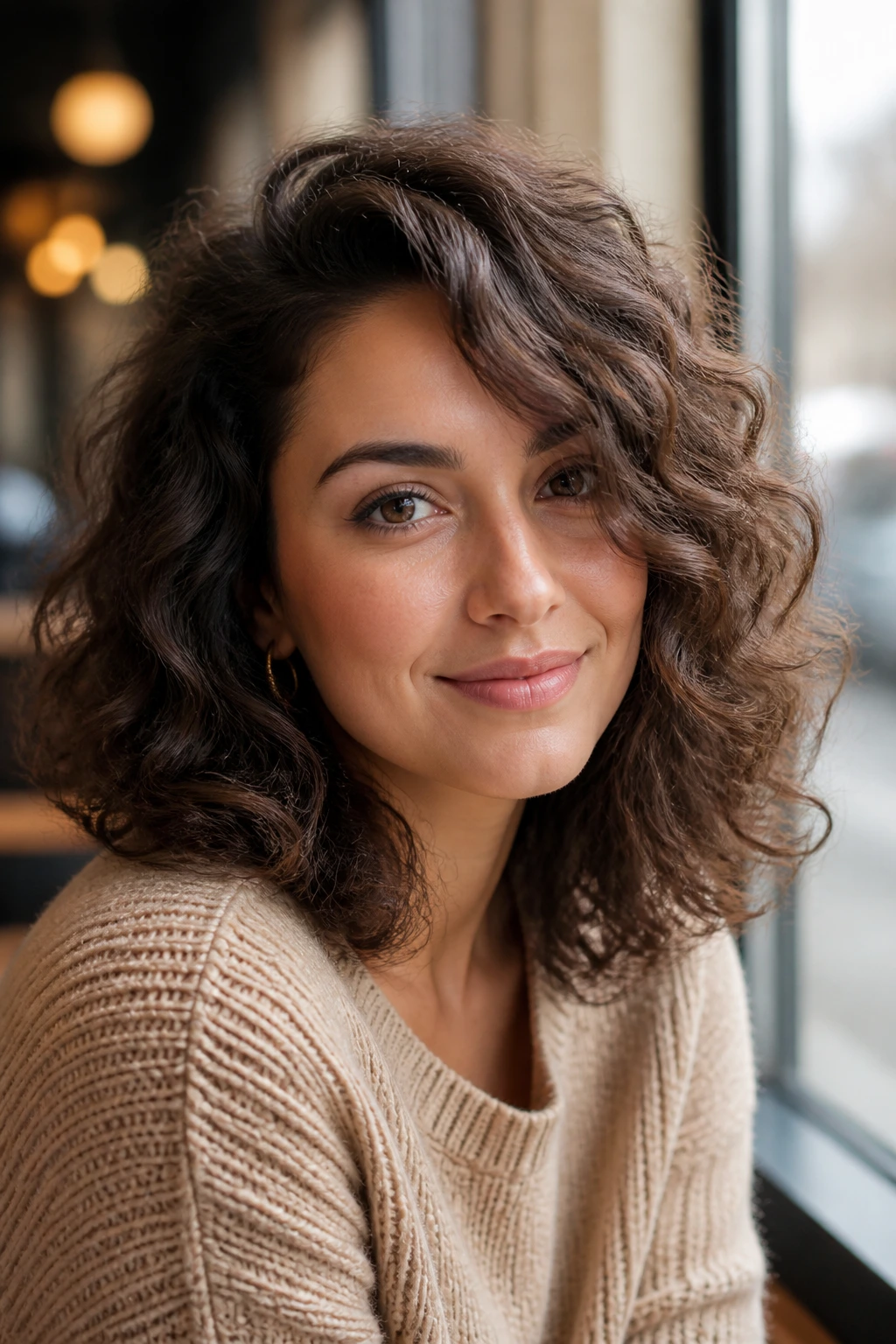 Portrait of layered curls with a deep side sweep framing the face.