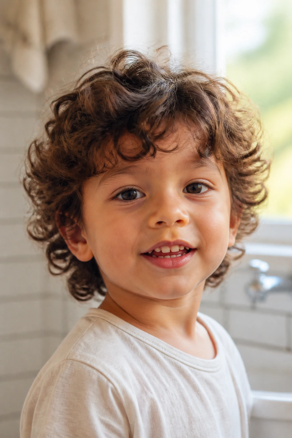 Close-up portrait of a toddler boy with layered mid-length curls in warm light