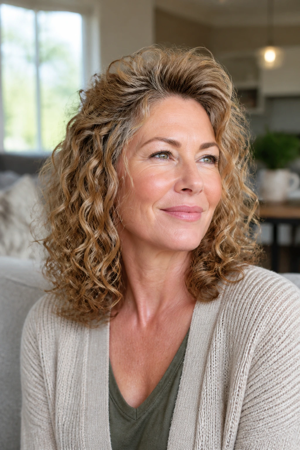 Close-up of a real woman with layered curls and crown lift