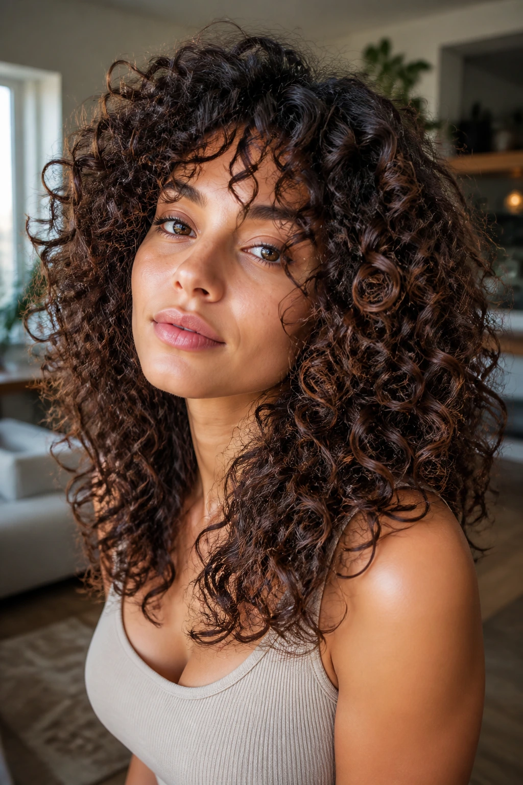 Close-up of a real woman with layered curly hair showing volume and crown lift