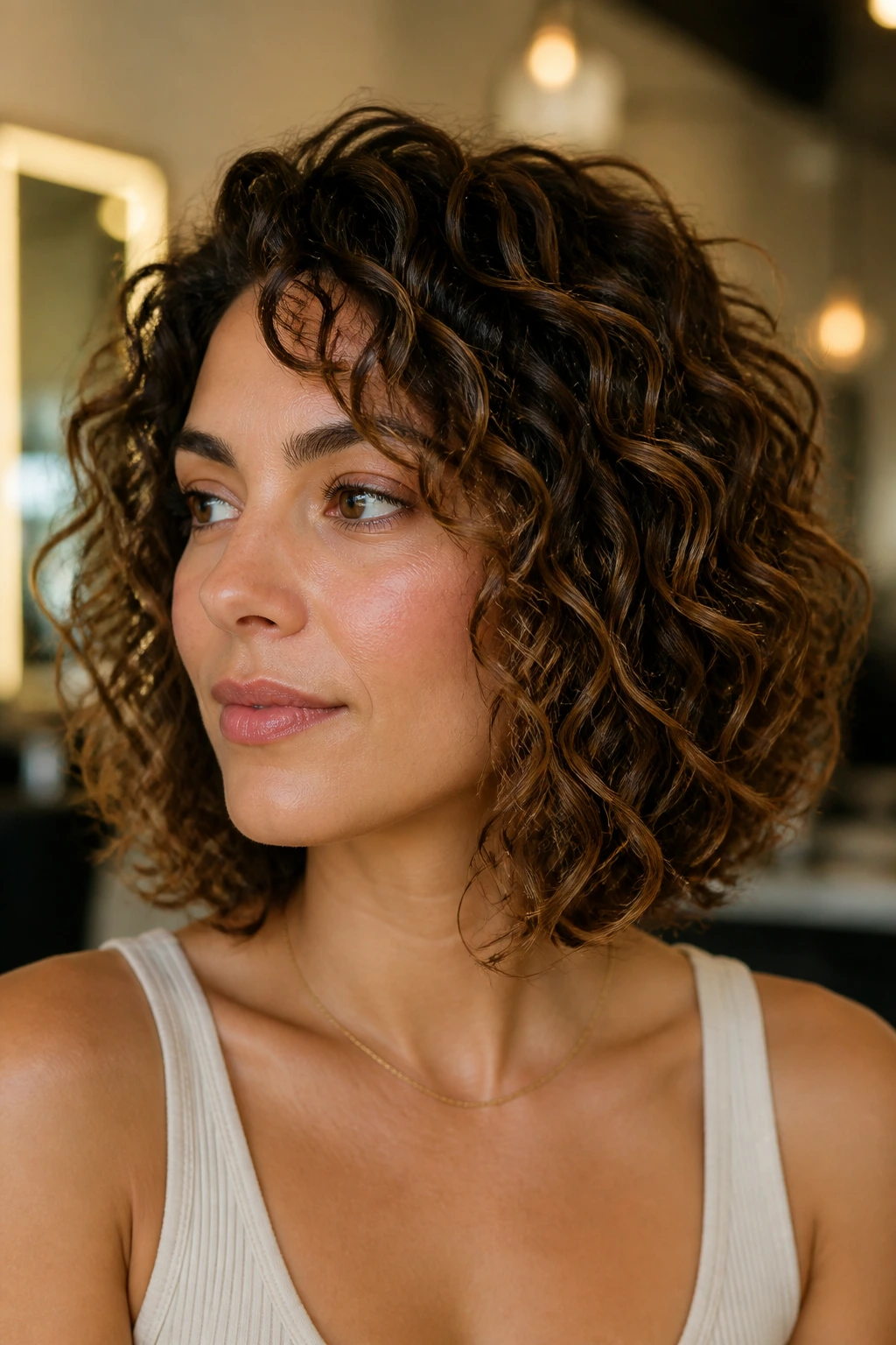 Real woman showing layered curly bob with crown layers