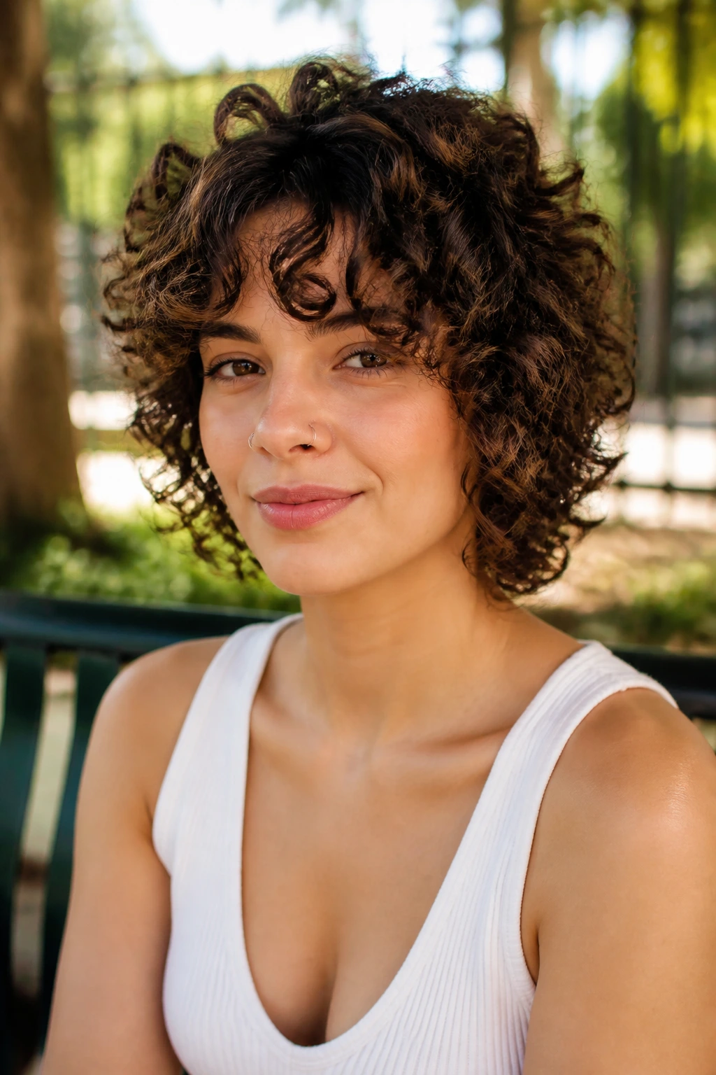 Real person with layered curly crop shag hair