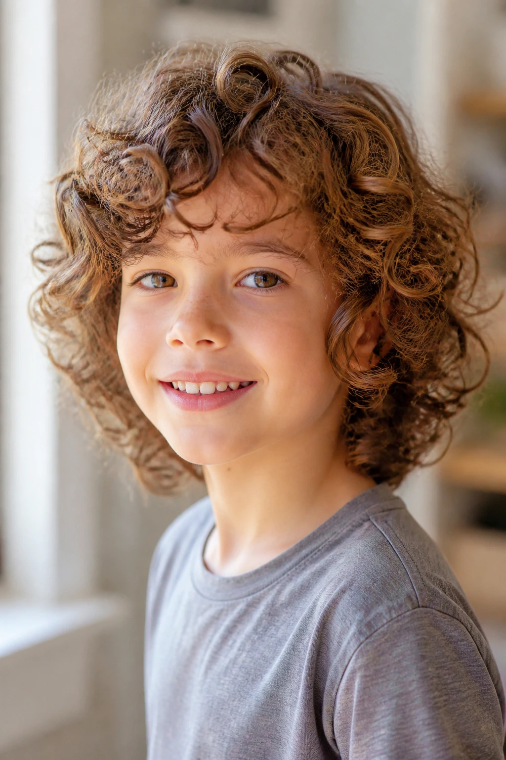 Child with layered curly cut, curls bouncing naturally in sunlight