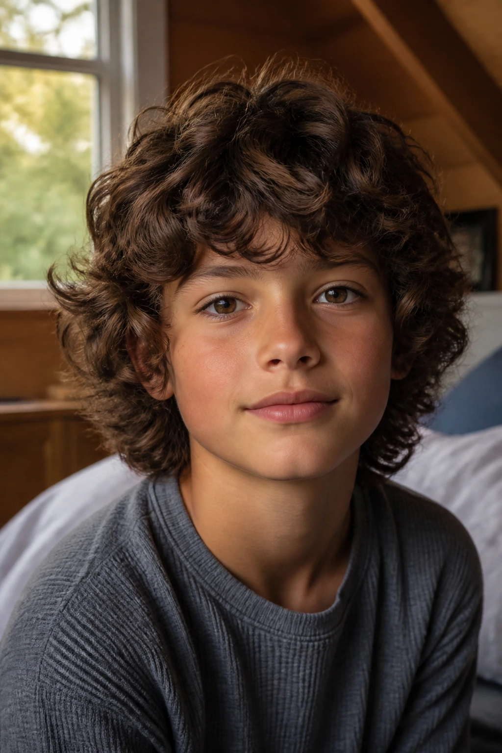 Close-up portrait of a real boy with layered curly shag hairstyle in a cozy bedroom with natural light