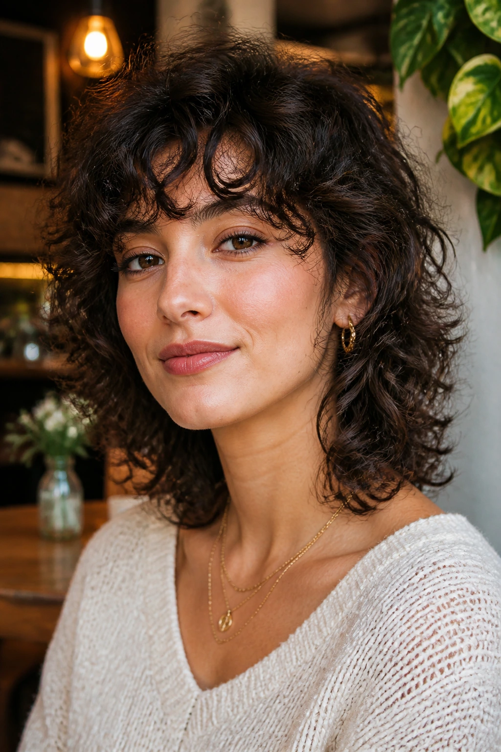 Portrait of a person with all-over layered curly shag in cozy indoor light