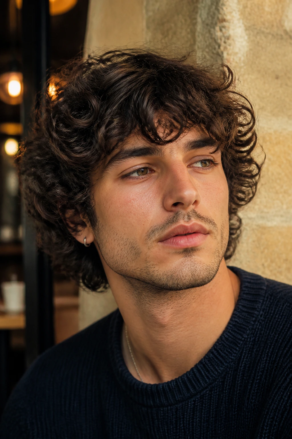 Close-up of a man with layered curly shag hairstyle.