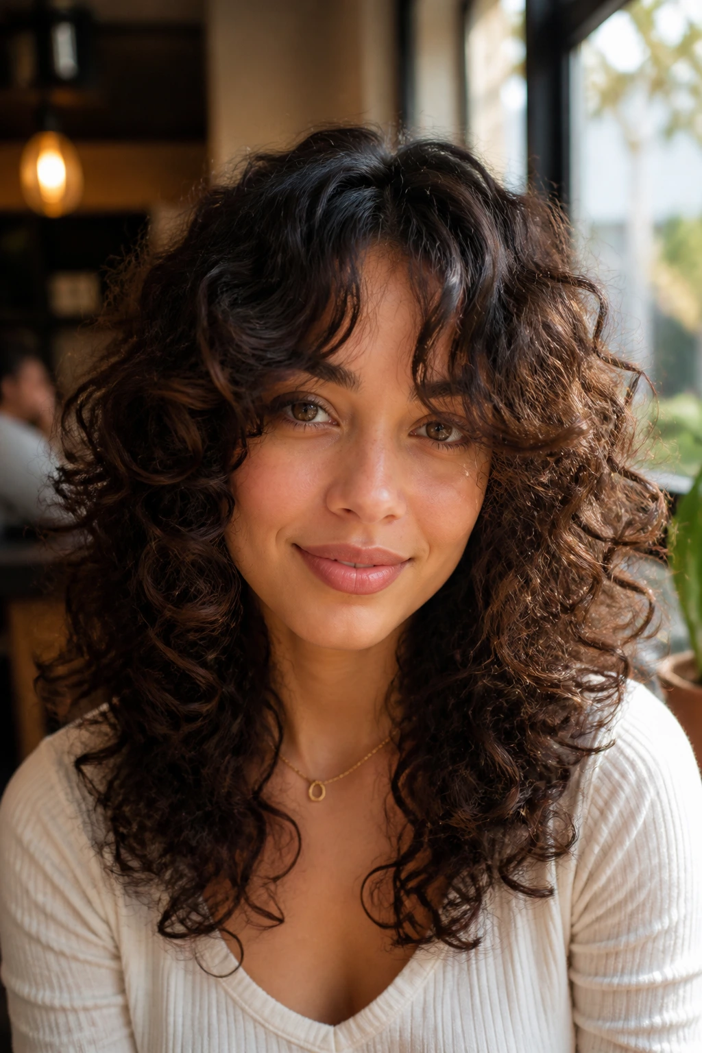 Close-up of a real person with curly hair and curtain bangs