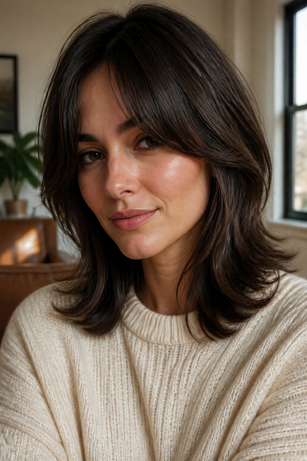 Real person with layered cut, curtain bangs and flicked-out ends in window light