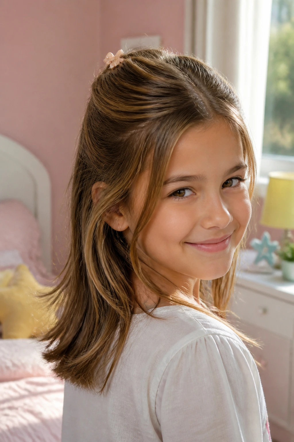Close-up of a child with half-up layered cut and a small clip
