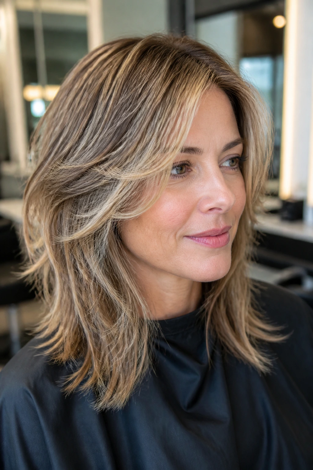 Portrait of a person with a visibly layered haircut showing defined layers around the crown and face