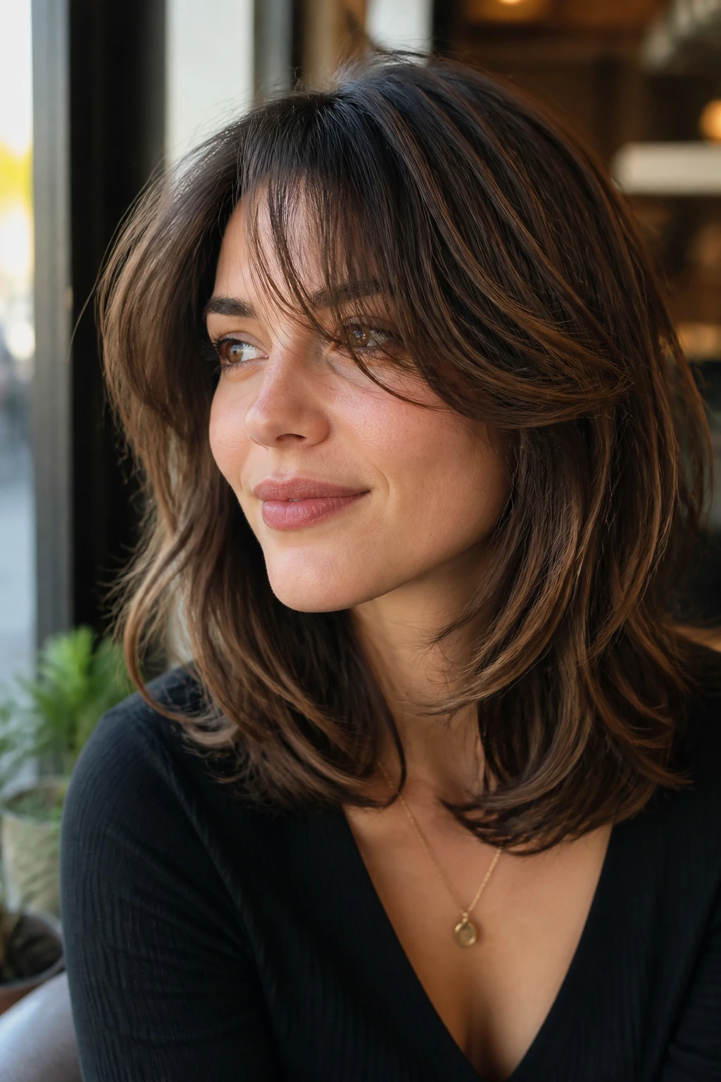 Close-up of a woman with layered hair and peekaboo bangs