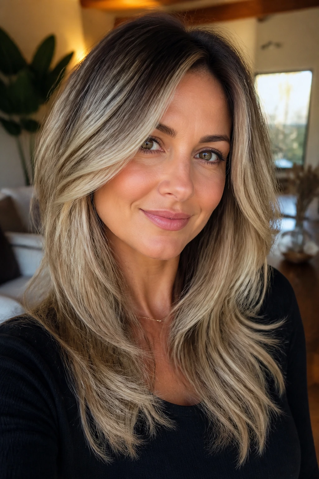 Close-up of a person with a layered cut featuring shadow roots and bright ends.