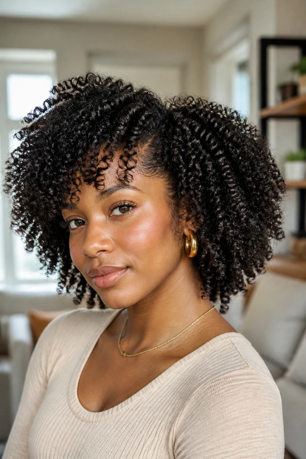 Close-up of a real person with layered curls for stretch-and-go styling.