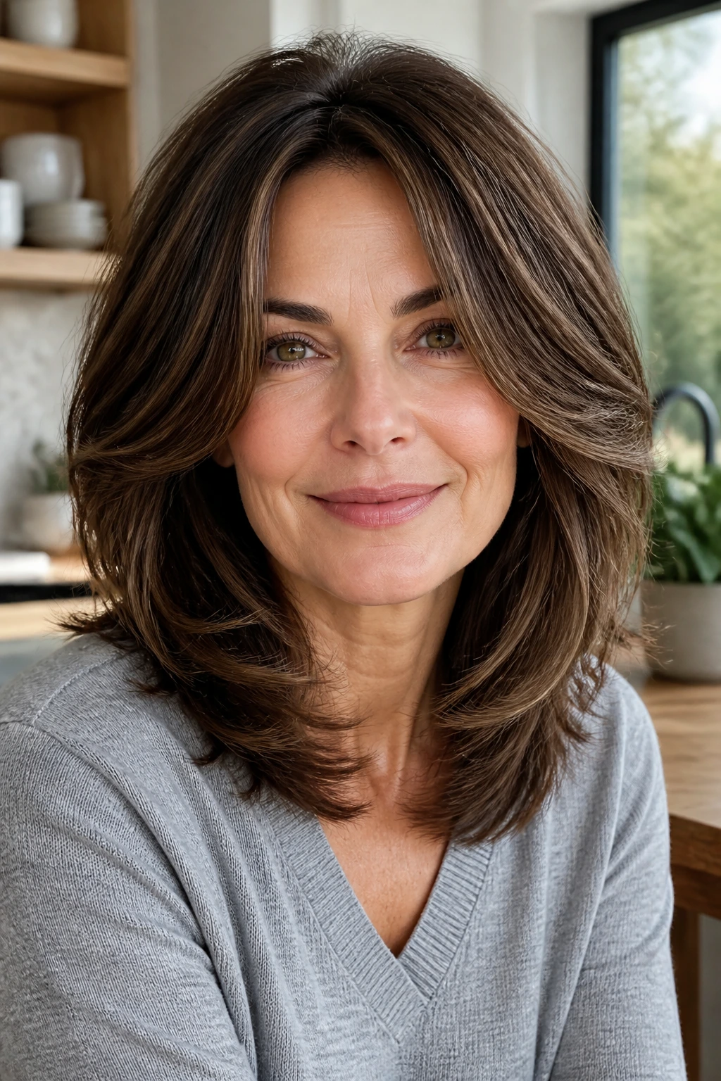 Close-up of a real woman with layered cut for thick hair
