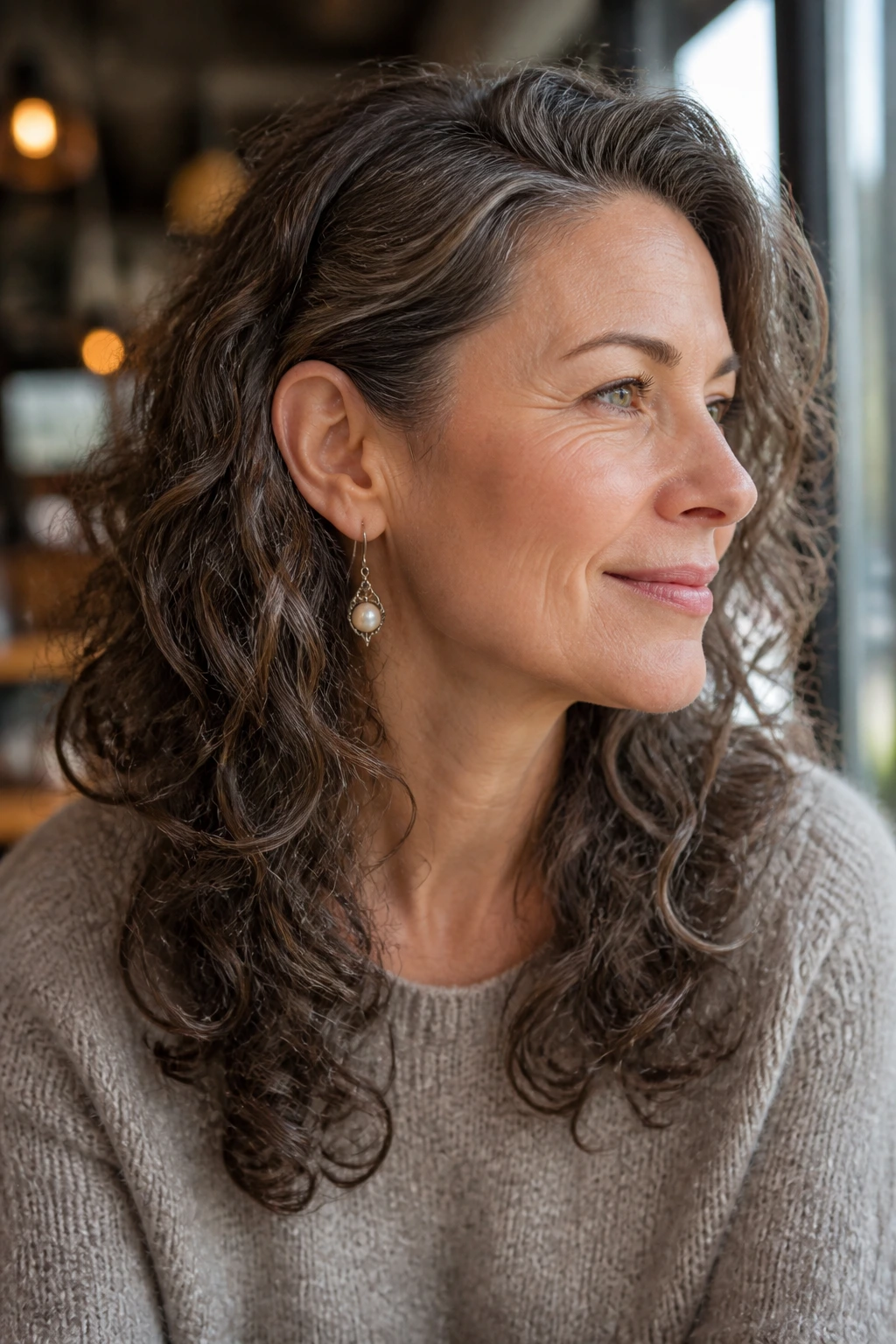 Portrait of a woman with layered haircut tucked behind the ears, in cafe light.