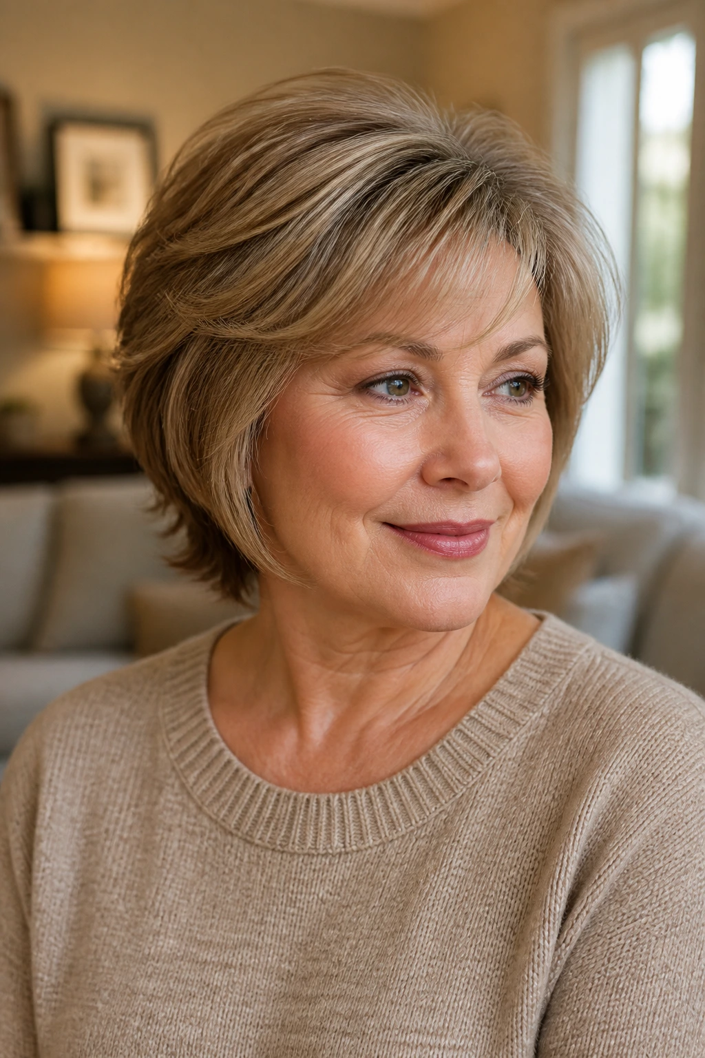 Portrait of a real woman showcasing a softly layered cut adapted to her features.