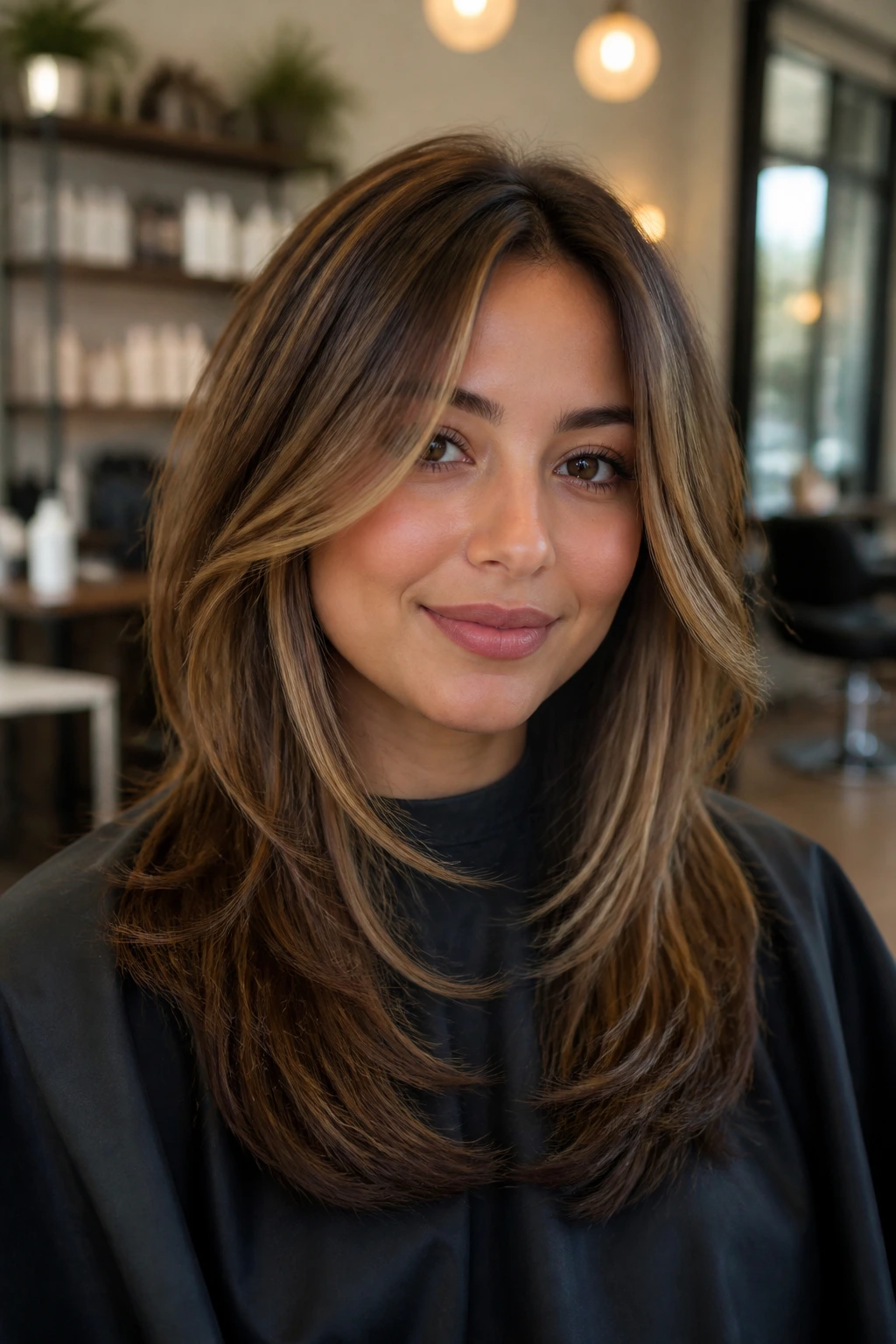 Close-up portrait of a woman with layered haircut and caramel balayage highlighting