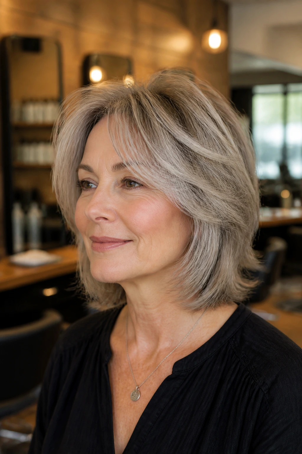 Close-up of a real woman with medium-length layered hair showing crown lift and soft neckline in a salon