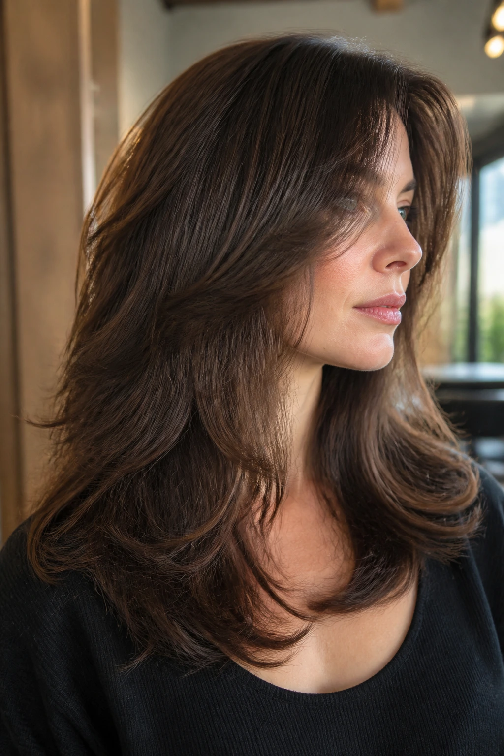 Close-up of a real woman with thick layered hair showing bulk reduction at the back and sides