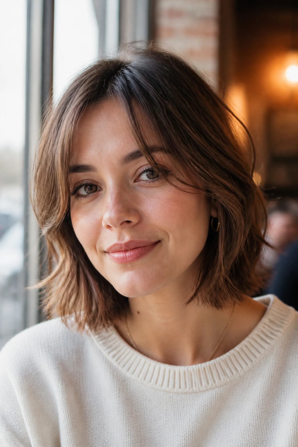 Close-up of a real woman with layered face-framing fringe blending into hair, soft natural light