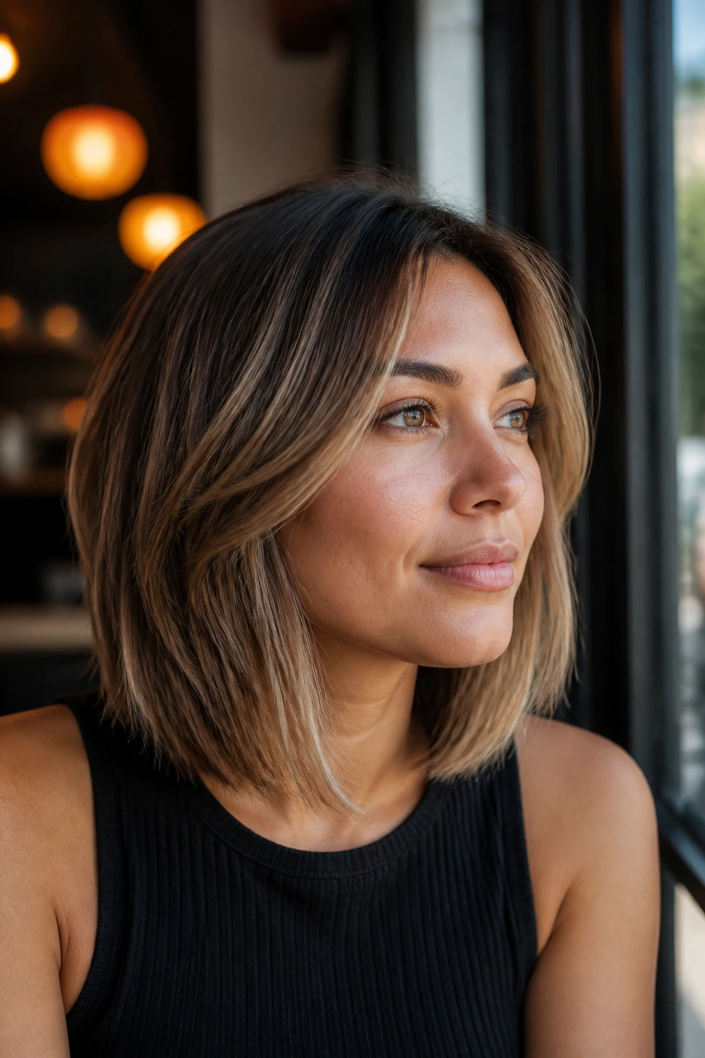 Close-up of a real woman with layered face-framing lob starting below cheekbone in cafe daylight.