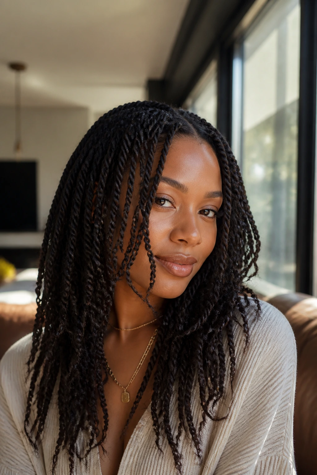 Close-up of real woman wearing layered face-framing long twists