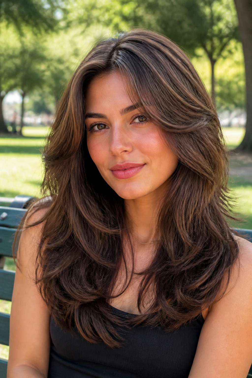 Portrait of real person with layered feathered cut for thick hair