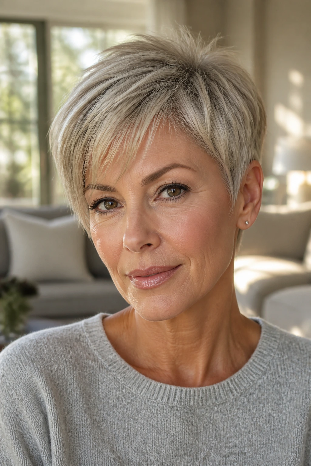 Close-up portrait of layered fine-hair pixie showing crown lift