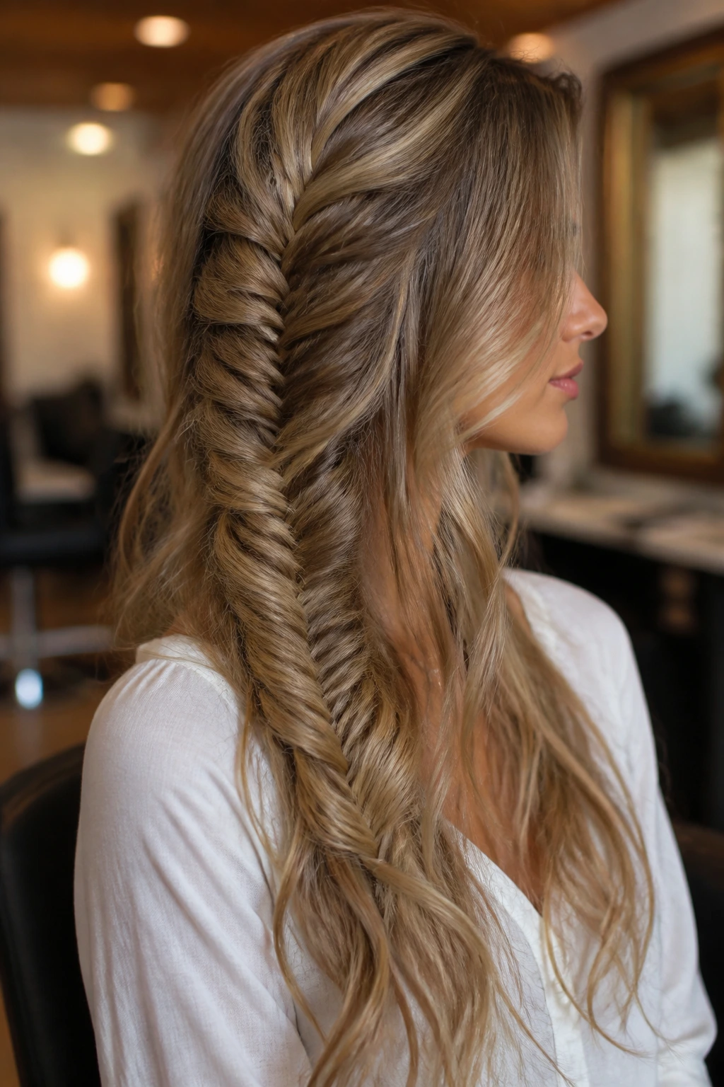 Close-up portrait of a real woman with layered fishtail in long hair