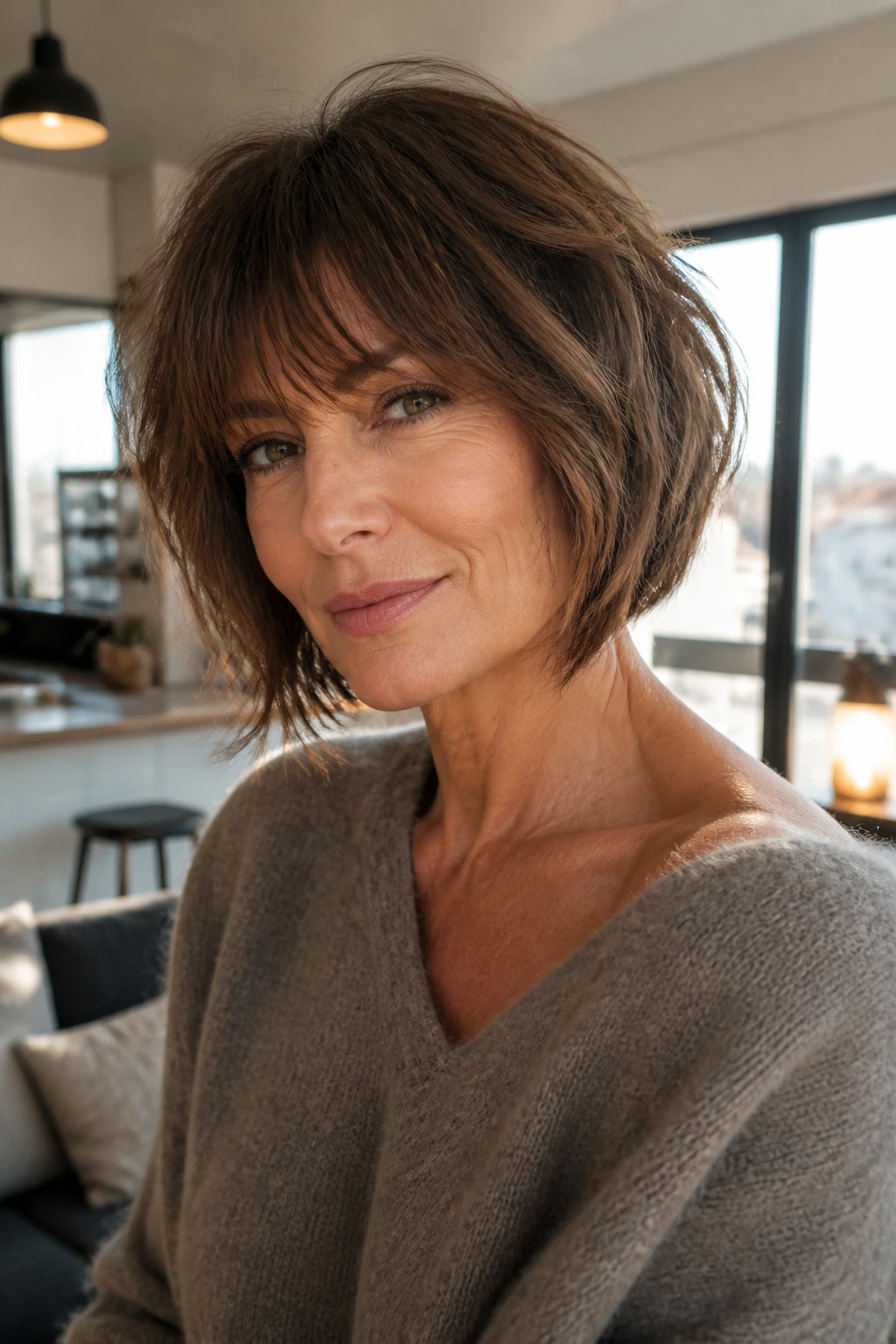 Real woman with layered French bob in a chic living space