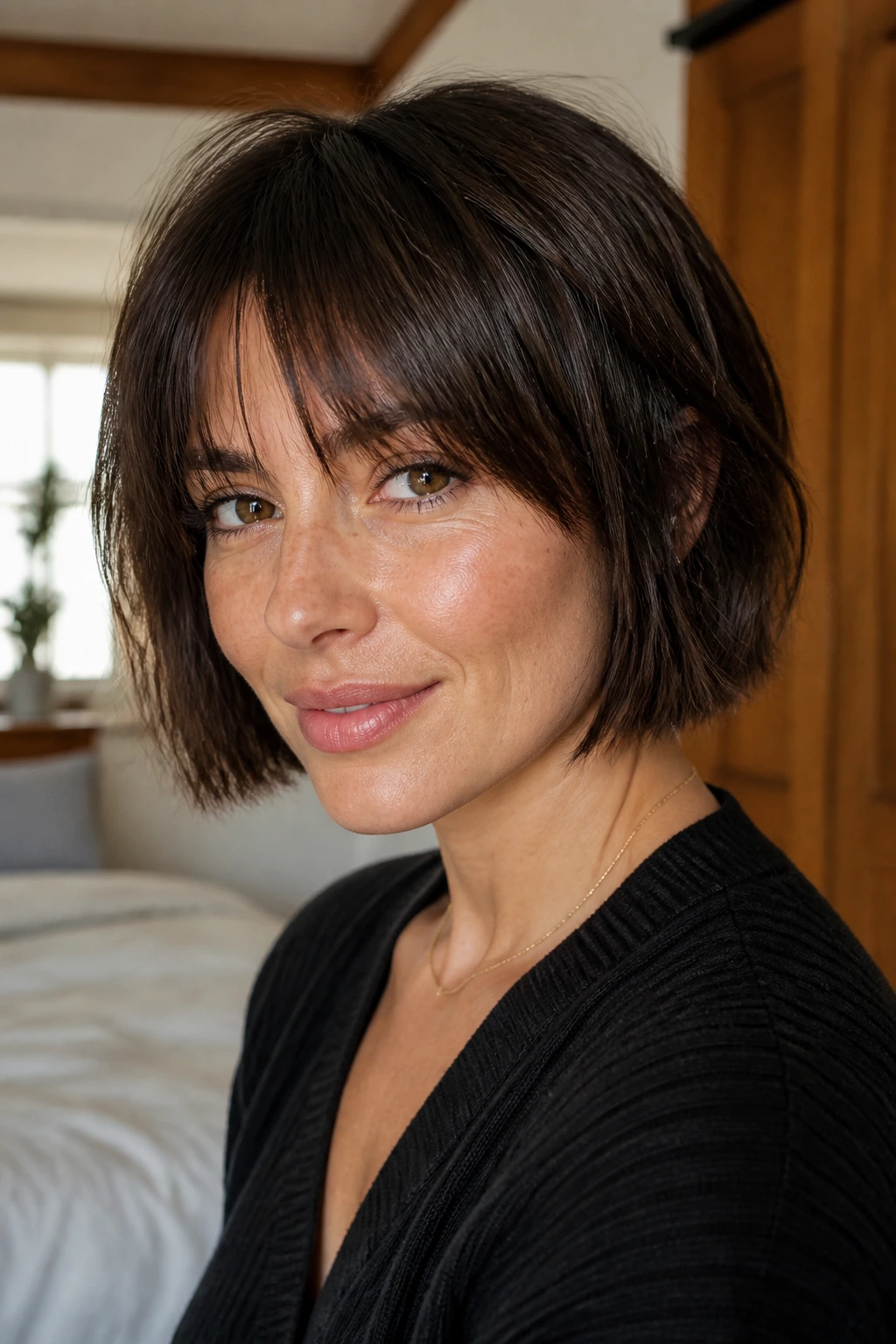 Close-up of a woman with layered French bob and invisible bangs under natural window light.
