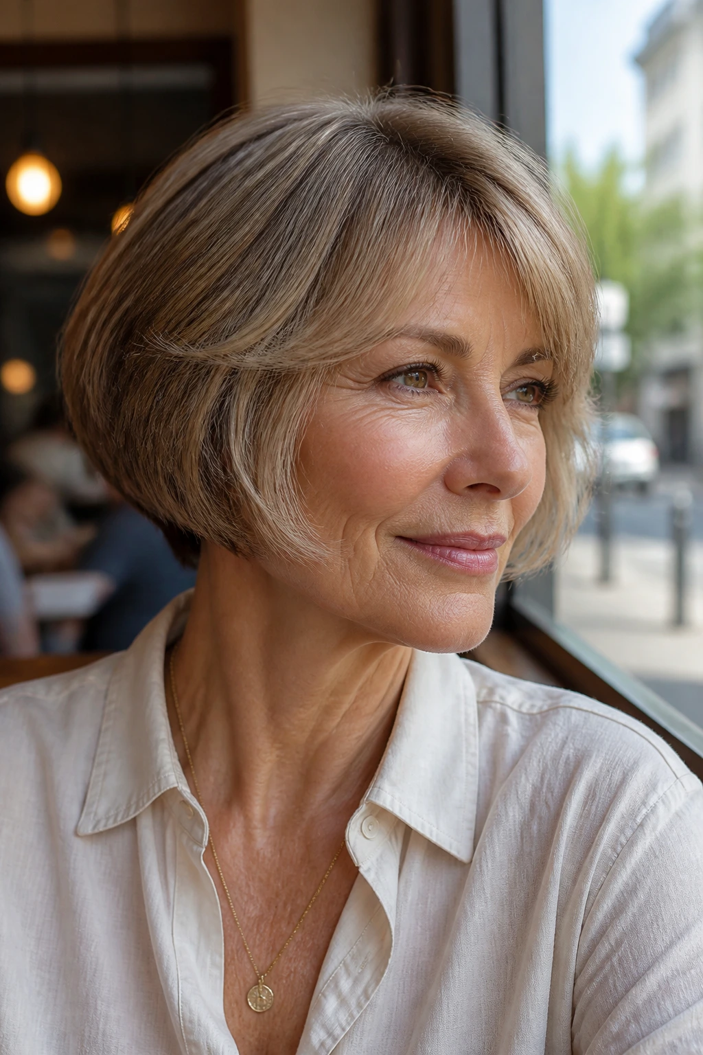 Close-up of a real woman wearing a layered French bob with a soft bend at the ends in natural light.